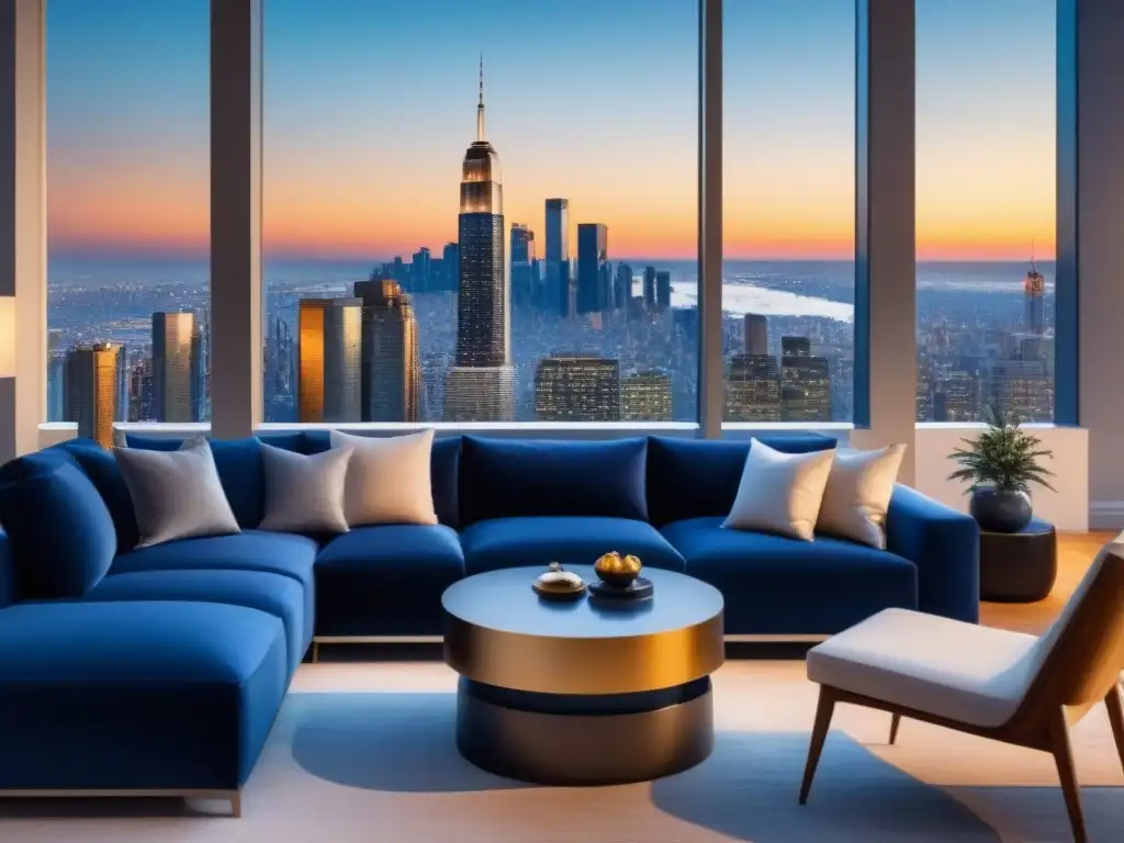 Vista panorámica de un lujoso ático moderno en una ciudad bulliciosa al atardecer, con muebles contemporáneos y una paleta de colores sofisticada