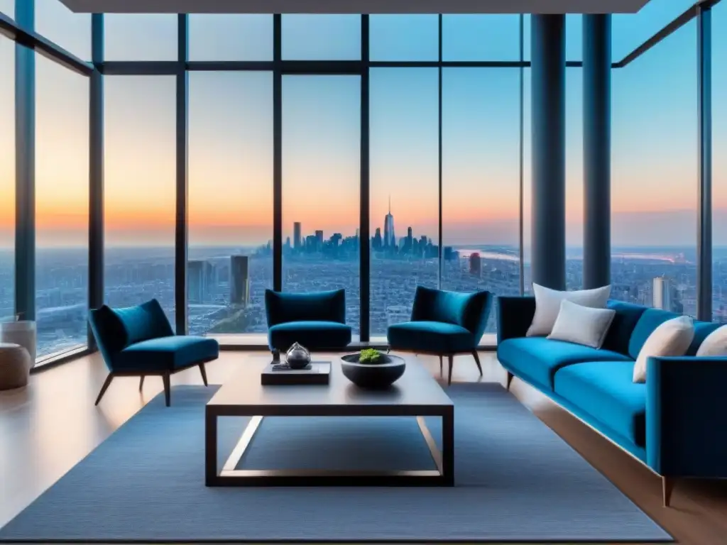 Penthouse de lujo con vistas panorámicas en 8k Vista panorámica de un lujoso ático moderno con decoración sofisticada y terraza espaciosa