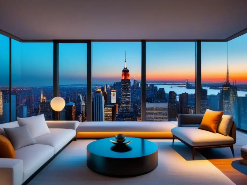 Penthouse de lujo en NYC al anochecer Vista panorámica de un lujoso ático moderno en Nueva York al anochecer, con elegante decoración