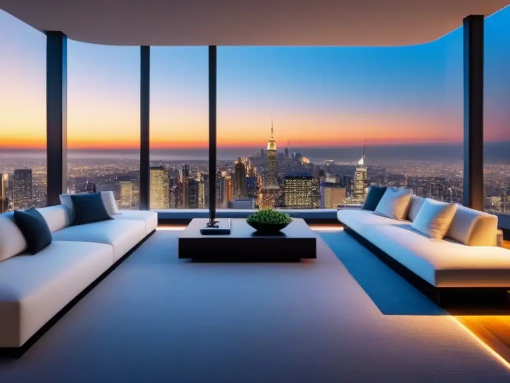 Vista panorámica de un lujoso ático moderno con tecnología domótica para inversores inmobiliarios internacionales