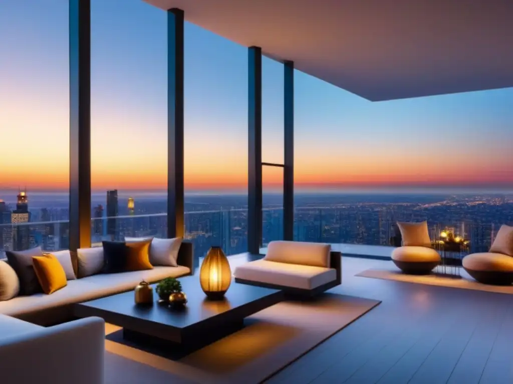 Exclusivo penthouse de lujo con vistas a la ciudad al atardecer Vista panorámica de un lujoso ático moderno al atardecer, ideal para vender propiedades internacionales