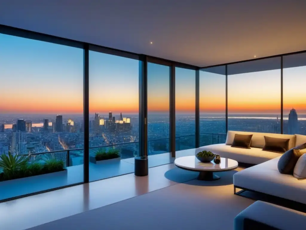 Penthouse de lujo con vista panorámica en ciudad vibrante Vista panorámica de lujoso ático moderno con mobiliario contemporáneo, terraza espaciosa y diseño elegante
