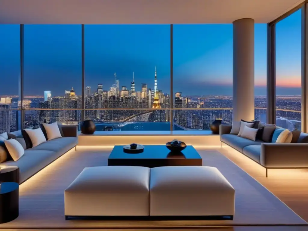 Penthouse de lujo con vistas a la ciudad al anochecer Vista panorámica de un lujoso ático moderno con mobiliario elegante y diseños de arte