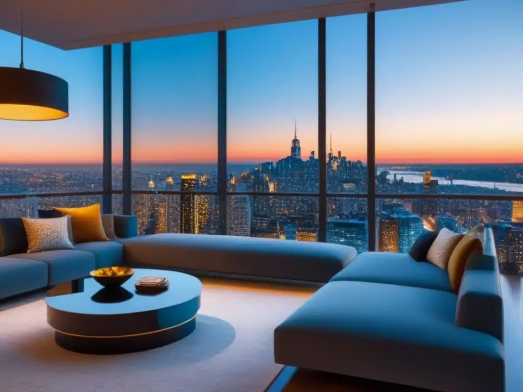 Penthouse de lujo con vista urbana al anochecer Vista panorámica de un lujoso ático moderno en la ciudad al anochecer, con diseño elegante y sofisticado