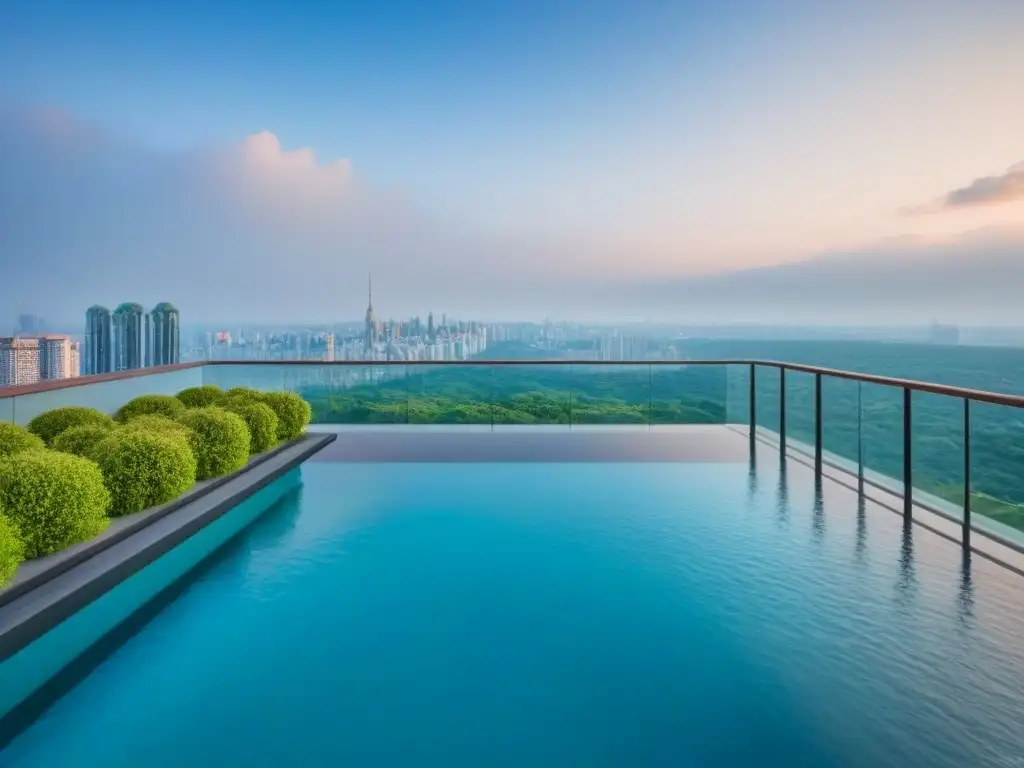 Condominio de lujo en ciudad internacional: diseño moderno y amenities exclusivos Vista panorámica de un lujoso complejo de condominios en una ciudad internacional, con diseño arquitectónico moderno y ventanas de piso a techo