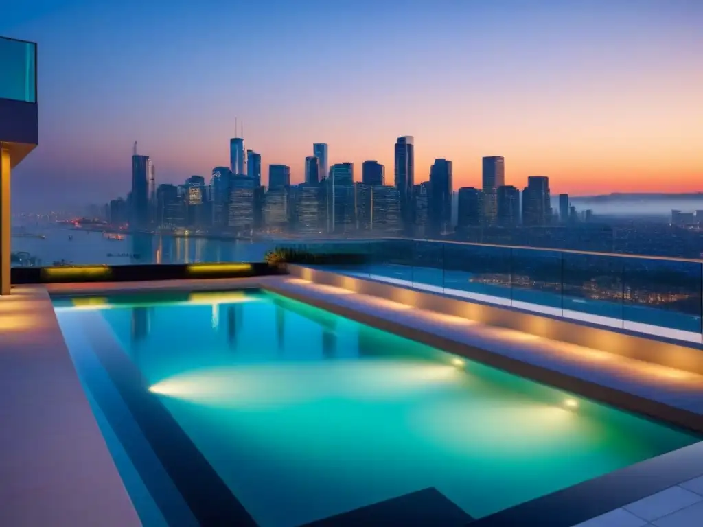 Complejo de apartamentos de lujo en ciudad internacional Vista panorámica de un lujoso complejo de apartamentos con piscina en la azotea, ideal para construir cartera inmobiliaria internacional