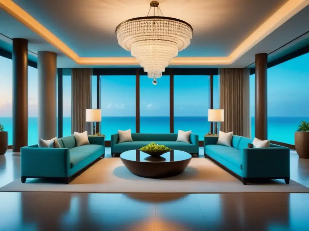 Exclusivo lobby de resort con vista al mar Vista panorámica de un lujoso lobby de resort de tiempo compartido con elegante mobiliario y ambiente relajado