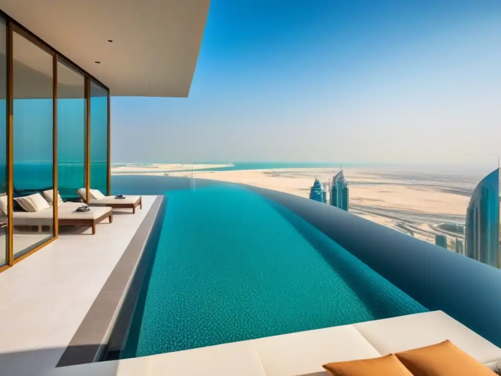 Penthouse de lujo en Dubái: diseño exclusivo con vistas panorámicas y piscina infinita privada Vista panorámica de un lujoso penthouse en Dubai con diseño elegante y piscina infinity privada, ideal para Propiedades de lujo en Medio Oriente
