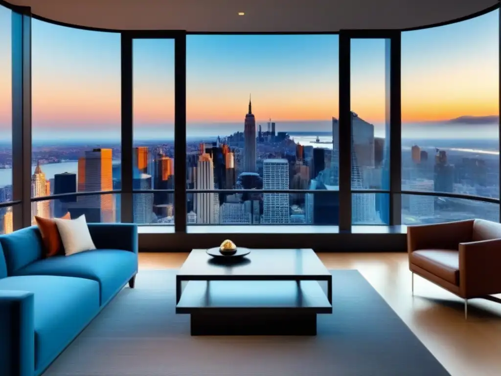 Suite de lujo con vistas panorámicas en ciudad vibrante Vista panorámica de lujoso penthouse con diseño elegante y finos acabados
