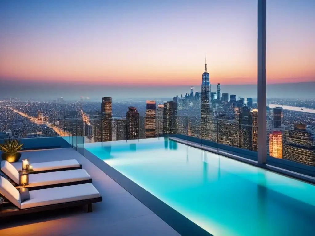 Penthouse de lujo con piscina infinita en la ciudad al atardecer Vista panorámica desde lujoso penthouse moderno en ciudad al atardecer, ideal para mercado inmobiliario internacional economía global