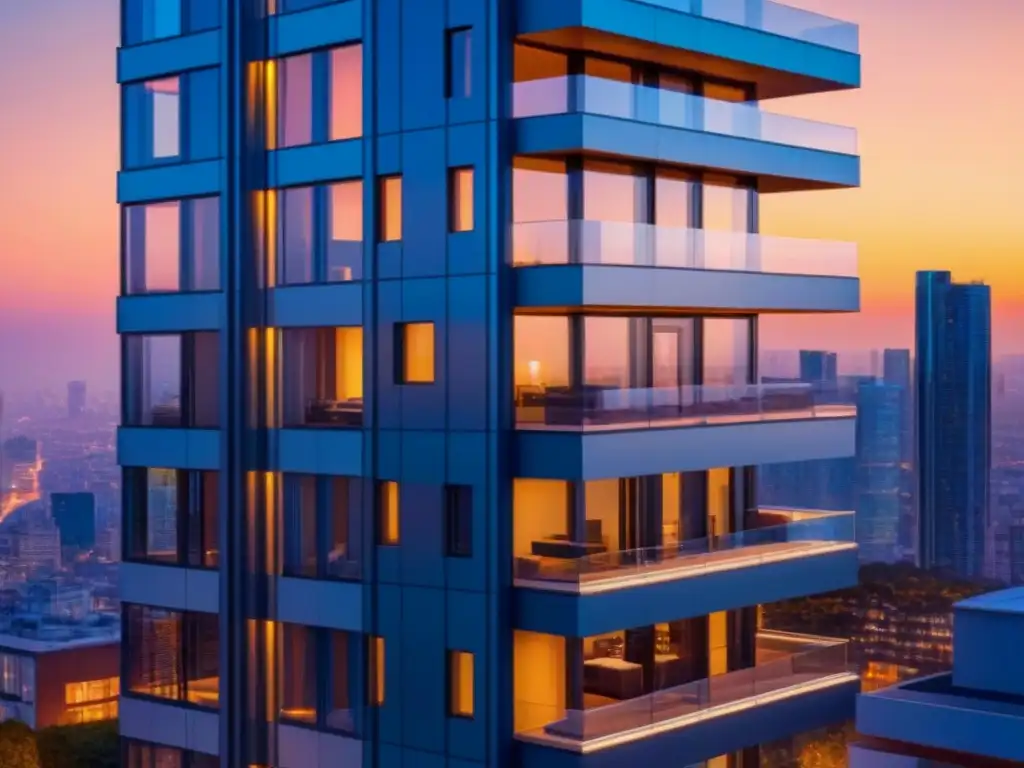 Edificio de lujo con seguridad de vanguardia en la ciudad al atardecer Vista panorámica de un lujoso rascacielos con tecnología de seguridad avanzada, en una ciudad bulliciosa al atardecer