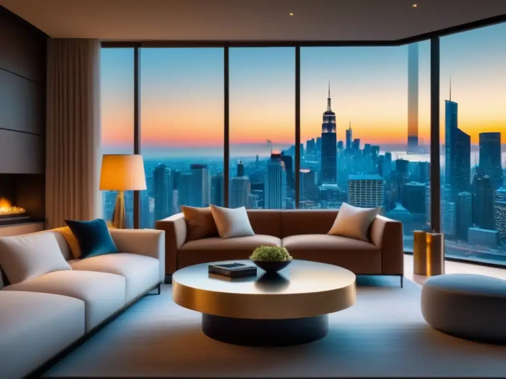 Sala de estar de lujo con vista urbana y elegante decoración contemporánea Vista panorámica desde lujoso salón urbano, destacando la importancia de influencers en el mercado inmobiliario