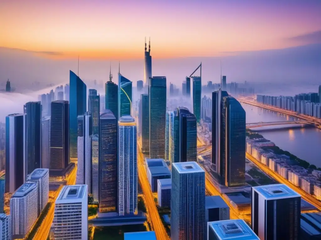 Metrópolis dorada: innovación y dinamismo en el mercado inmobiliario global Vista panorámica de una metrópolis moderna con rascacielos dorados al atardecer