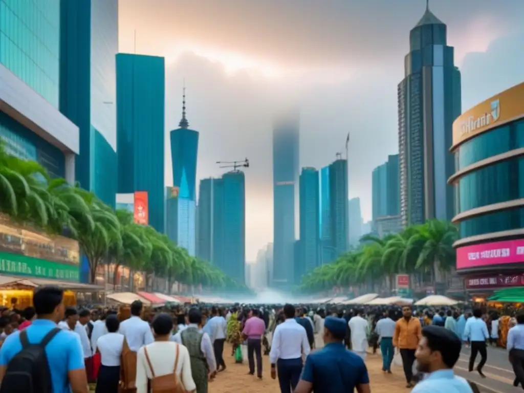 Metrópolis vibrante: fusión de tradición y modernidad en auge Vista panorámica de una metrópolis vibrante en un país en desarrollo, fusionando rascacielos modernos y arquitectura tradicional