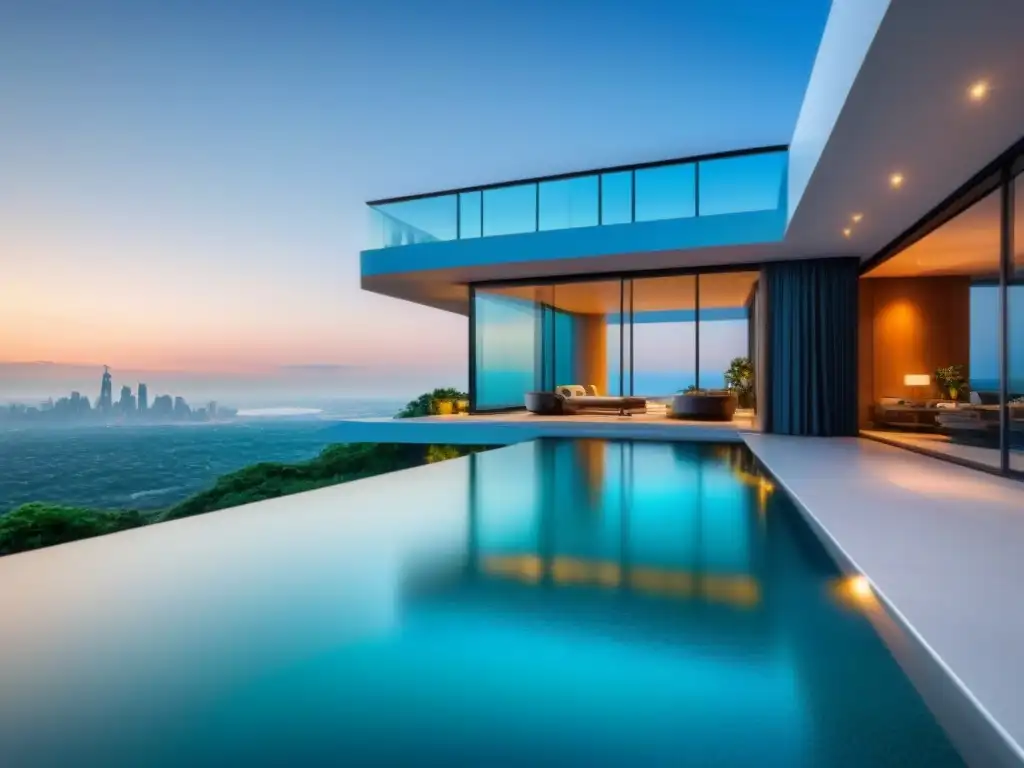 Residencia de lujo: arquitectura moderna y vistas impresionantes Vista panorámica de lujosa mansión moderna con diseño elegante y exclusivo