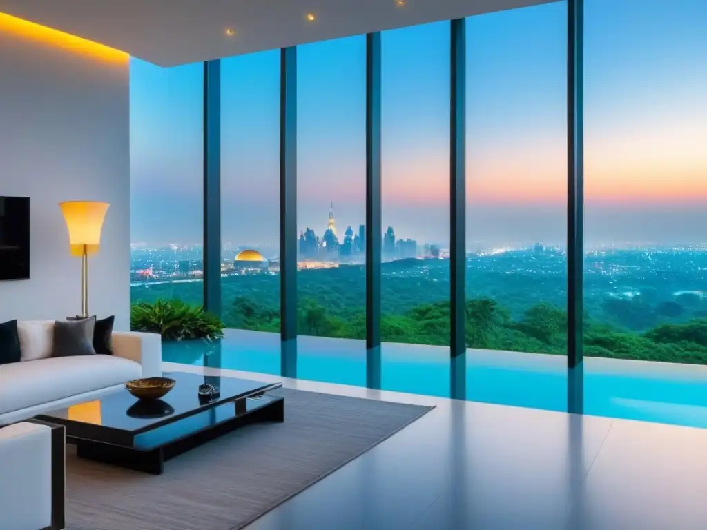 Mansión de lujo con vistas a la ciudad: sofisticación y exclusividad Vista panorámica de mansión moderna de lujo con ventanales, piscina infinita y decoración contemporánea
