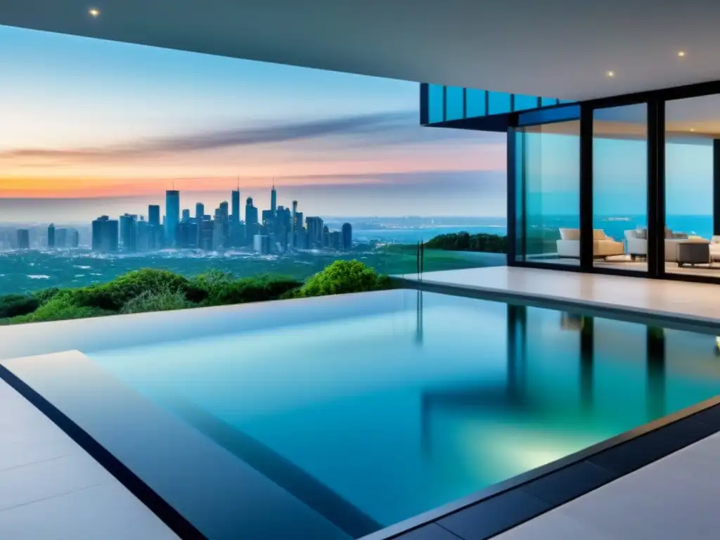 Mansión de lujo: diseño moderno con piscina y skyline urbano Vista panorámica de mansión moderna de lujo rodeada de exuberante vegetación, con piscina y skyline de la ciudad al fondo