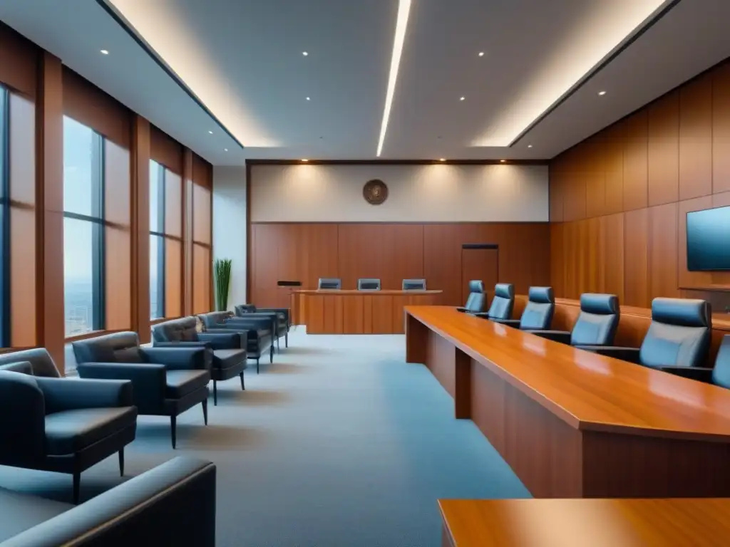 Moderno tribunal: escena legal con luz natural y diseño elegante Vista panorámica de una moderna sala de tribunal, transmitiendo profesionalismo y legalidad en conflictos de bienes raíces