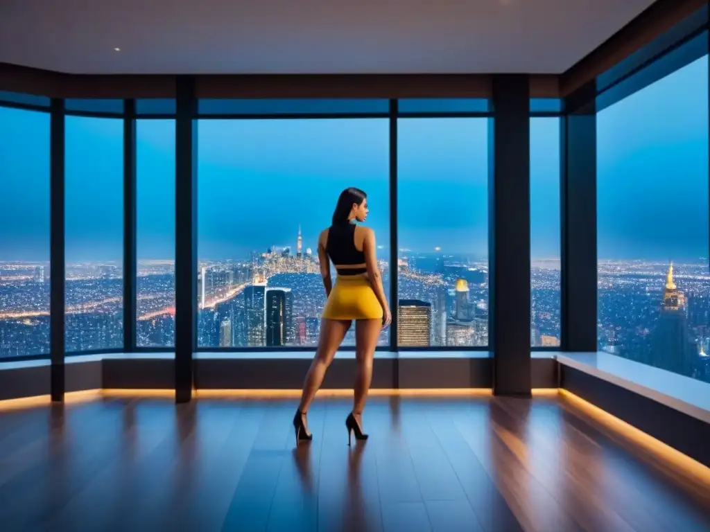 Espectacular penthouse moderno con vista panorámica nocturna en la ciudad Vista panorámica nocturna de lujoso penthouse con decoración moderna