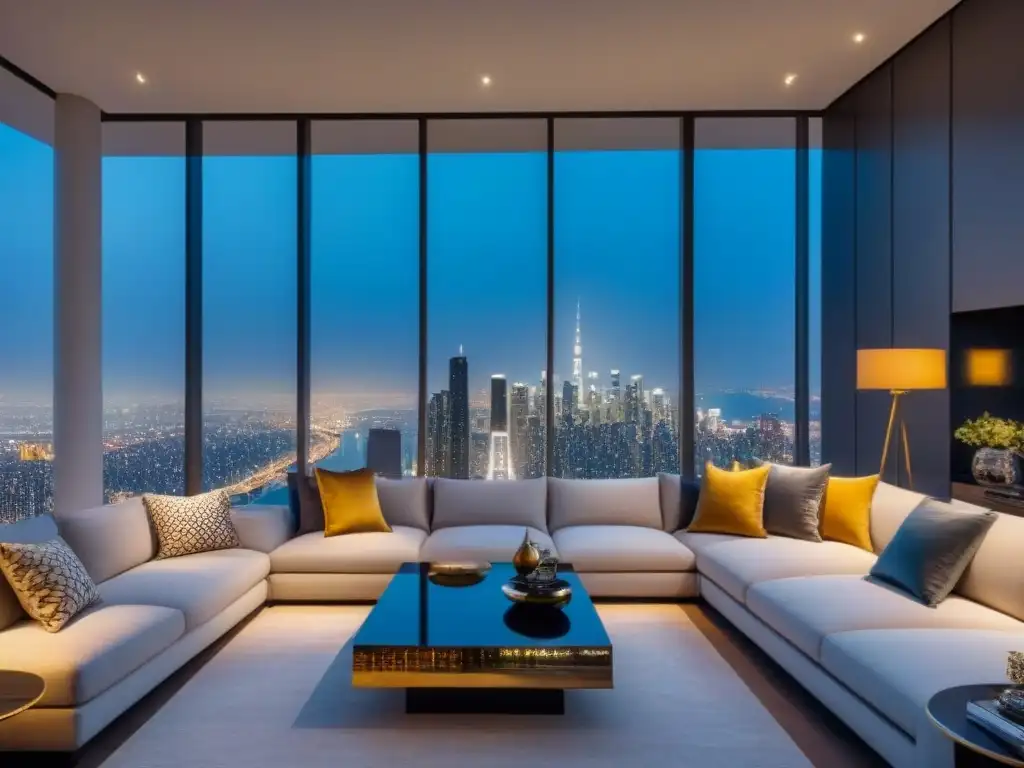 Propiedad de lujo con vista panorámica nocturna de la ciudad Vista panorámica nocturna de propiedad de lujo con diseño elegante para compradores de propiedad de lujo