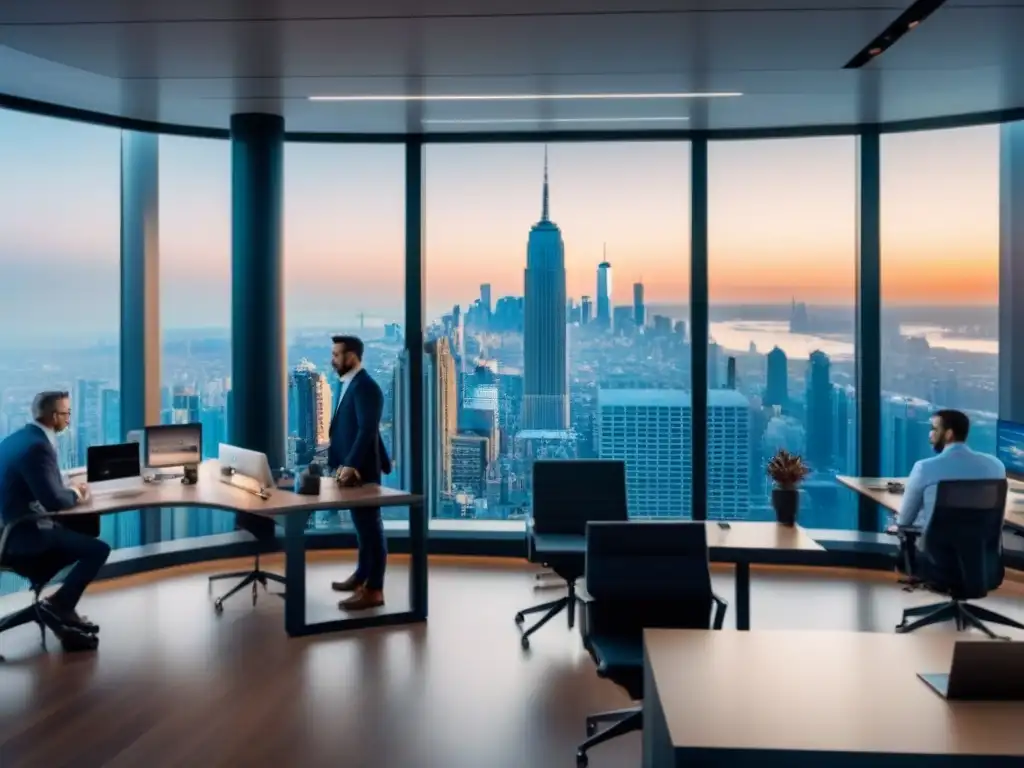 Oficina futurista con IoT integrado para inversionistas inmobiliarios Vista panorámica de una oficina futurista con tecnología IoT, ideal para inversores inmobiliarios internacionales
