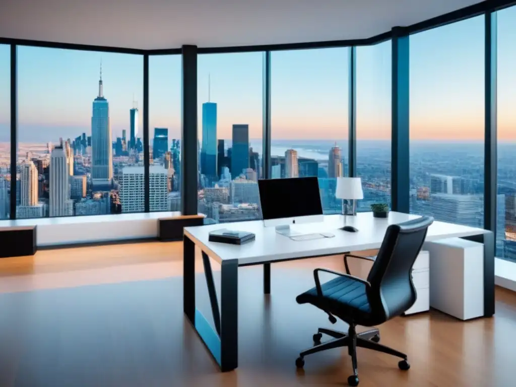 Oficina moderna con vista panorámica de la ciudad y tecnología inmobiliaria Vista panorámica de oficina moderna con computadora de gestión inmobiliaria en la nube, integrando tecnología
