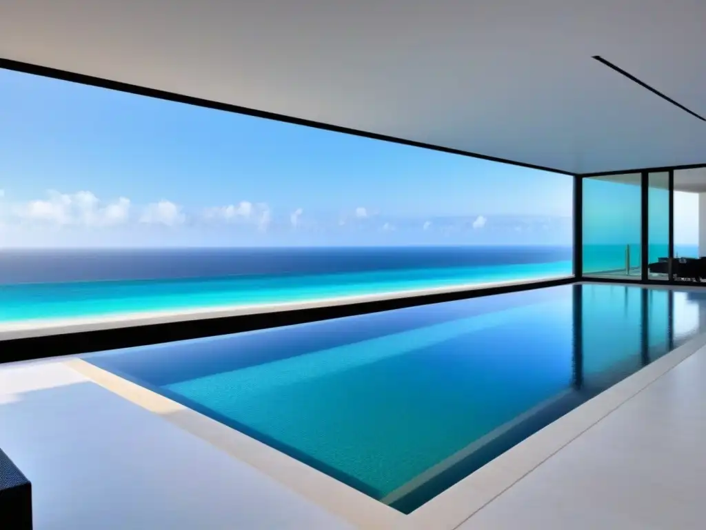 Penthouse de lujo con vista al mar y piscina infinita privada Vista panorámica del penthouse de lujo en la playa, con ventanales, mobiliario contemporáneo y piscina infinita privada en la terraza