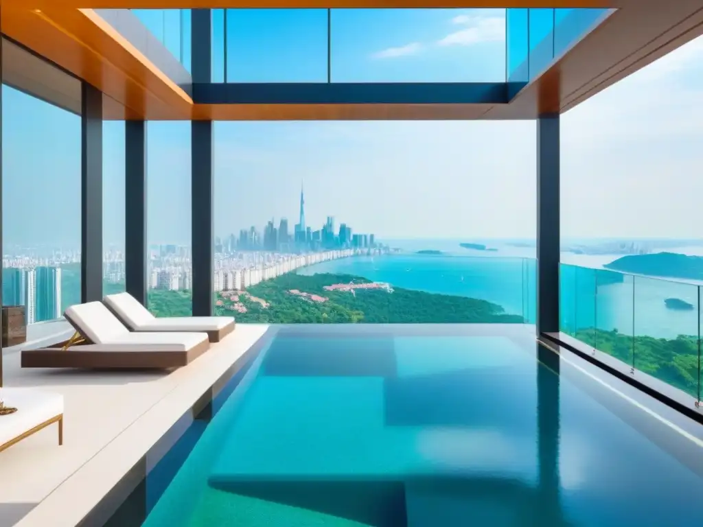 Penthouse de lujo con piscina infinita y vista panorámica en la ciudad Vista panorámica de penthouse de lujo con piscina infinita y decoración elegante, ideal para invertir en tiempo compartido de lujo