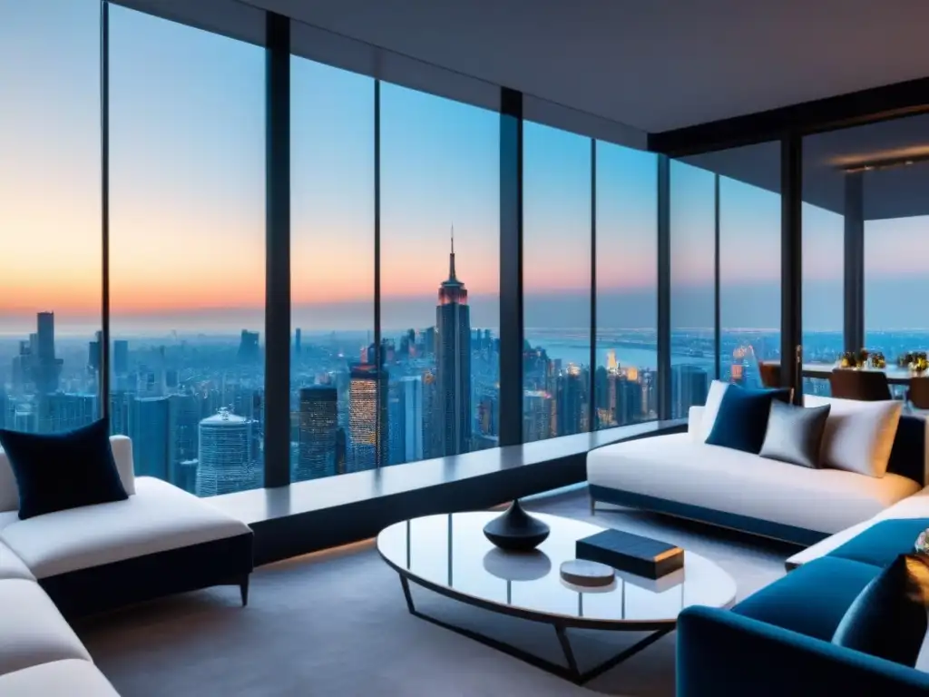 Penthouse de lujo con vista panorámica en ciudad global Vista panorámica de penthouse de lujo en ciudad global, con diseño elegante y sofisticado