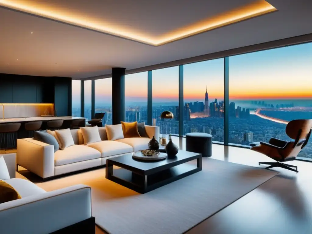 Penthouse de lujo con vista panorámica y diseño elegante en la ciudad Vista panorámica de penthouse moderno con decoración elegante y lujosa