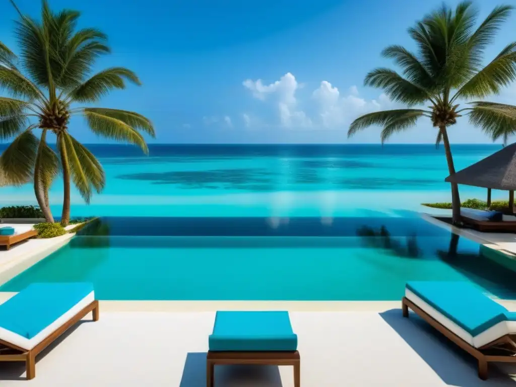 Exclusiva piscina infinita en playa de arena blanca Vista panorámica de piscina infinity en resort tiempo compartido lujo, rodeada de palmeras y playa blanca
