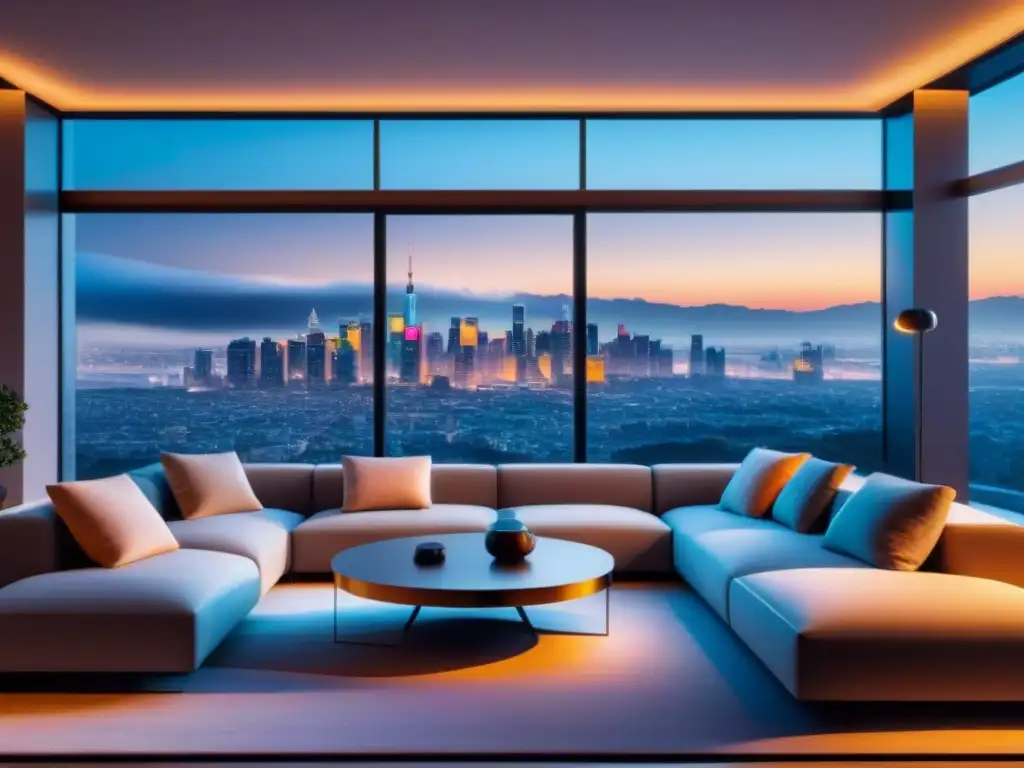 Vanguardista hogar inteligente: diseño moderno y tecnología de vanguardia Vista panorámica de sala minimalista con sensores de movimiento inteligentes inmobiliaria