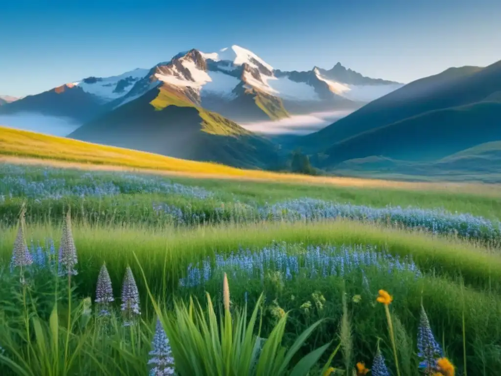 Paisaje virgen: inversión sostenible en tierras sin desarrollar Vista panorámica de terrenos sin desarrollar con flores silvestres y montañas nevadas