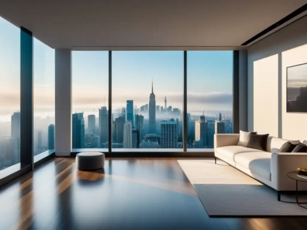 Espléndido apartamento moderno con vista panorámica a la ciudad Vista panorámica urbana desde lujoso apartamento moderno con diseño elegante