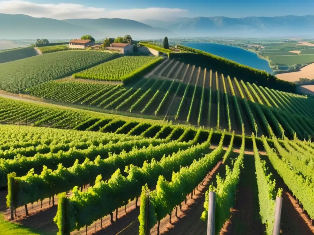 Viñedo exuberante y moderno bajo el sol dorado Una vista panorámica de una viña exuberante bañada por la luz dorada, con una bodega moderna de fondo