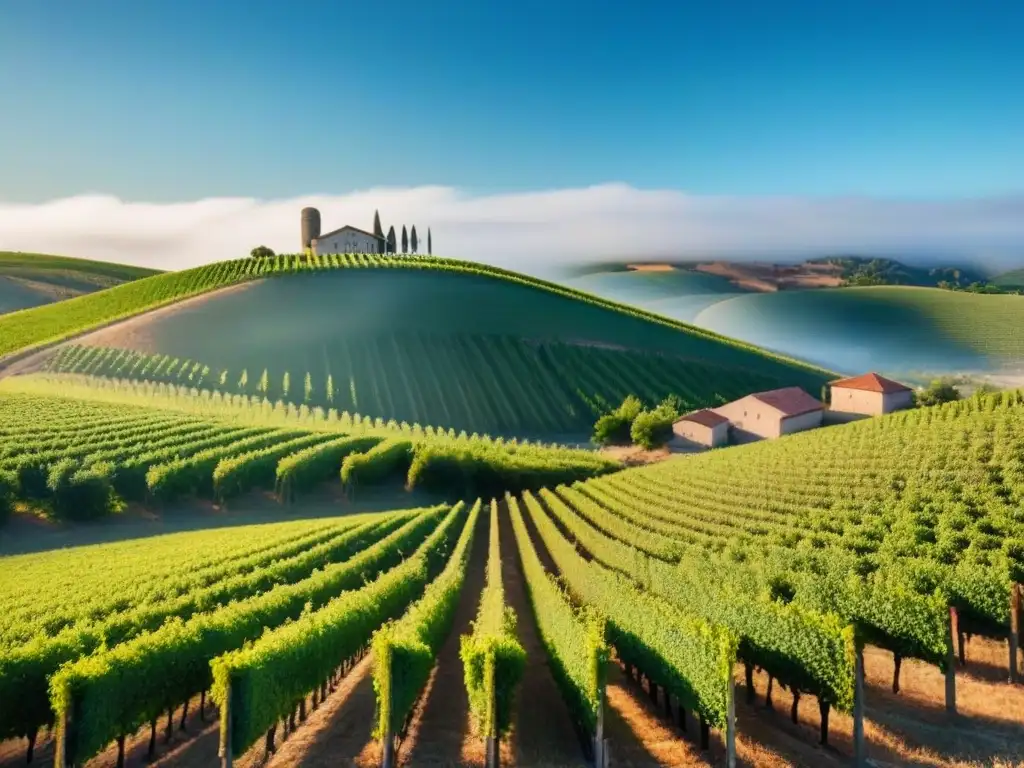 Viñedos ordenados y moderna bodega: tradición e innovación Vista panorámica de viñedos ordenados y moderna bodega reflejando luz del sol
