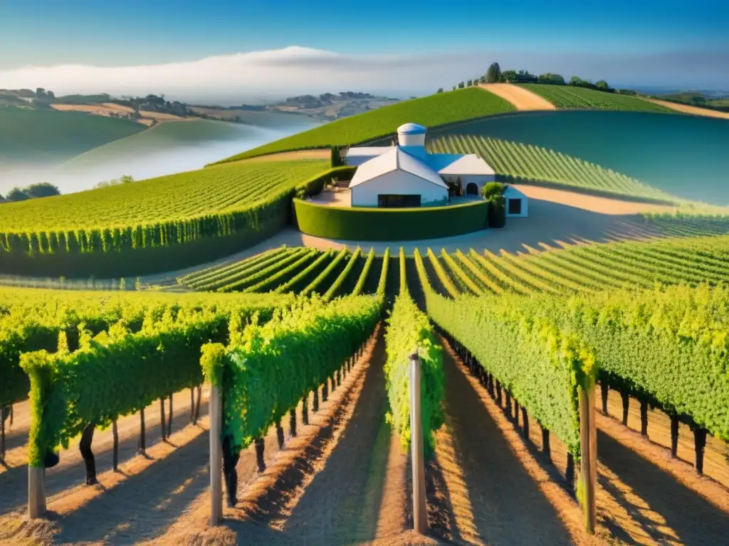 Viñedos prósperos: vista panorámica de verde exuberante Una vista panorámica de viñedos verdes bajo el cielo azul
