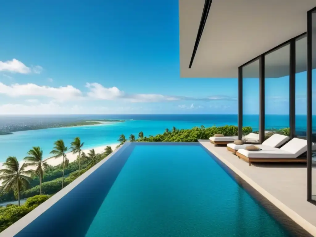 Condominio de lujo frente al mar con piscina infinita Vista paradisíaca de condominio de lujo con piscina infinita, rodeado de palmeras y playa