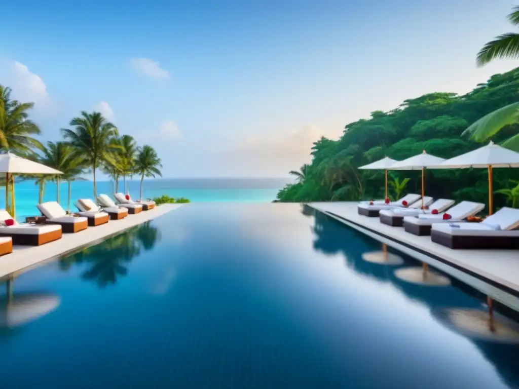 Exclusiva piscina infinita en paraíso tropical Vista paradisíaca de una lujosa piscina infinita en un resort de lujo, rodeada de exuberante vegetación tropical y una playa de arena blanca impecable