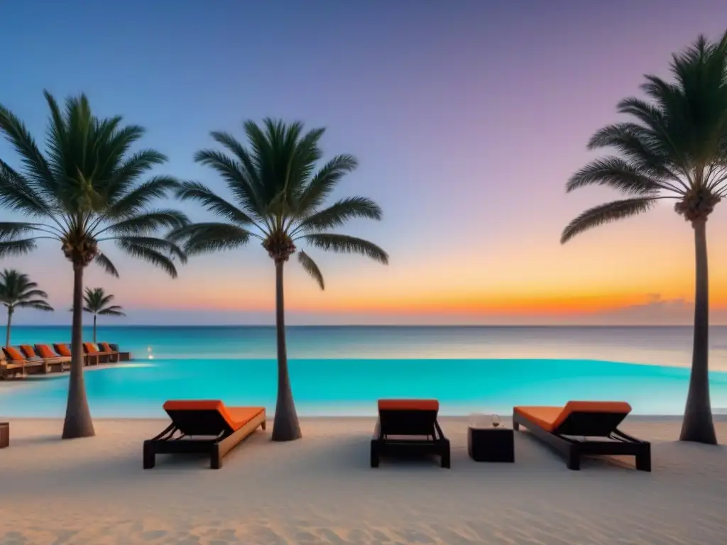 Paraíso playero de lujo al atardecer en 8k Una vista paradisíaca de un resort de tiempo compartido en la playa al atardecer, con tonos cálidos y ambiente tranquilo