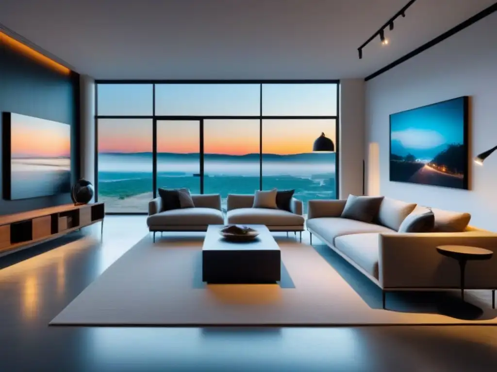 Sala moderna con galería de arte privada: diseño minimalista y vibrante Vista de una sala moderna con galería de arte privada, con muebles minimalistas y obras contemporáneas