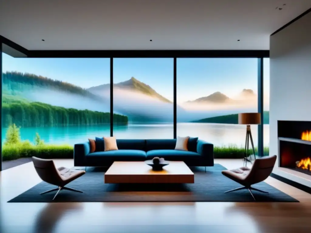 Sala de estar de lujo con vistas al lago en Norteamérica Vista serena de un lujoso salón moderno en segunda residencia en Norteamérica con diseño contemporáneo y toques de color