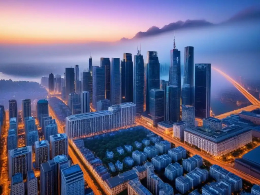 Horizonte urbano al atardecer: modernidad y tradición en el mercado inmobiliario internacional Vista urbana al anochecer: armonía entre modernidad y tradición en el mercado inmobiliario internacional con estrategias innovadoras