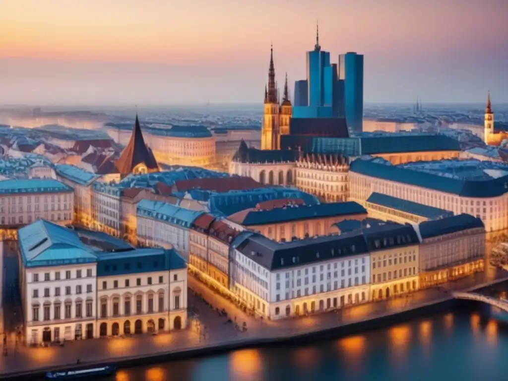 Inversión inmobiliaria en Europa del Este: fusión de tradición y modernidad Vista urbana de Europa del Este: arquitectura moderna y tradicional, profesionales discutiendo
