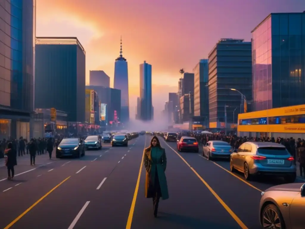 Horizonte urbano dorado: vida vibrante entre rascacielos modernos Vista urbana al atardecer con impacto migración interna mercado inmobiliario