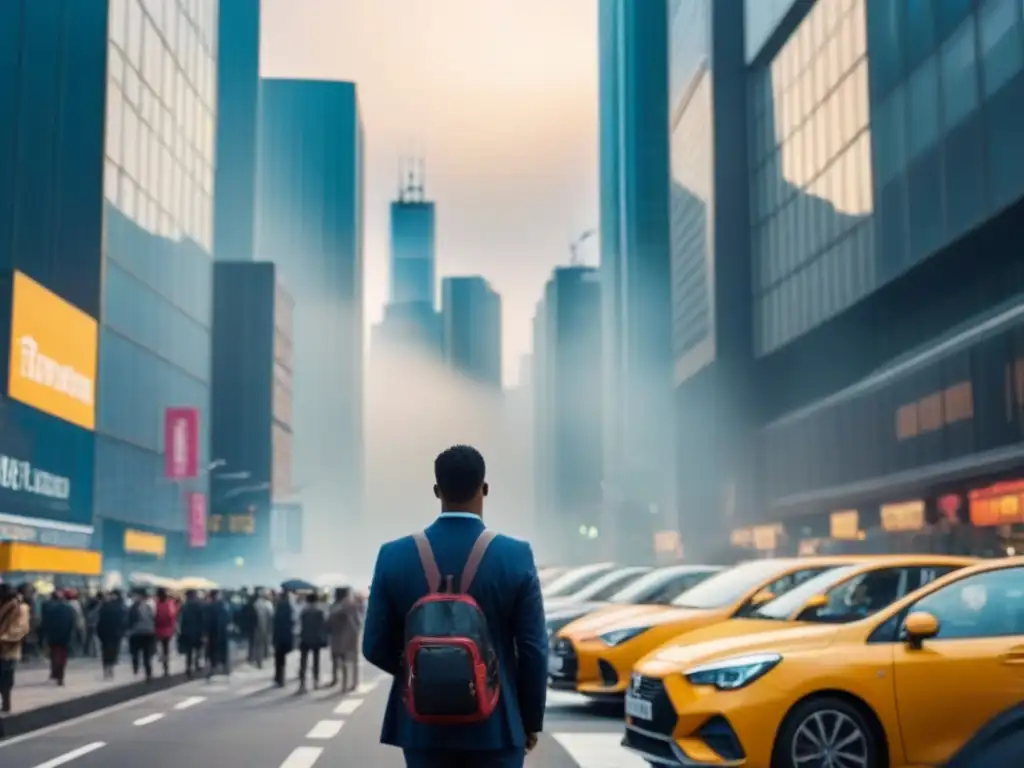 Metrópolis en crecimiento: real estate y economía urbana vibrante Vista urbana bulliciosa con rascacielos reflejando el sol, ilustrando riesgos burbuja inmobiliaria economías en crecimiento