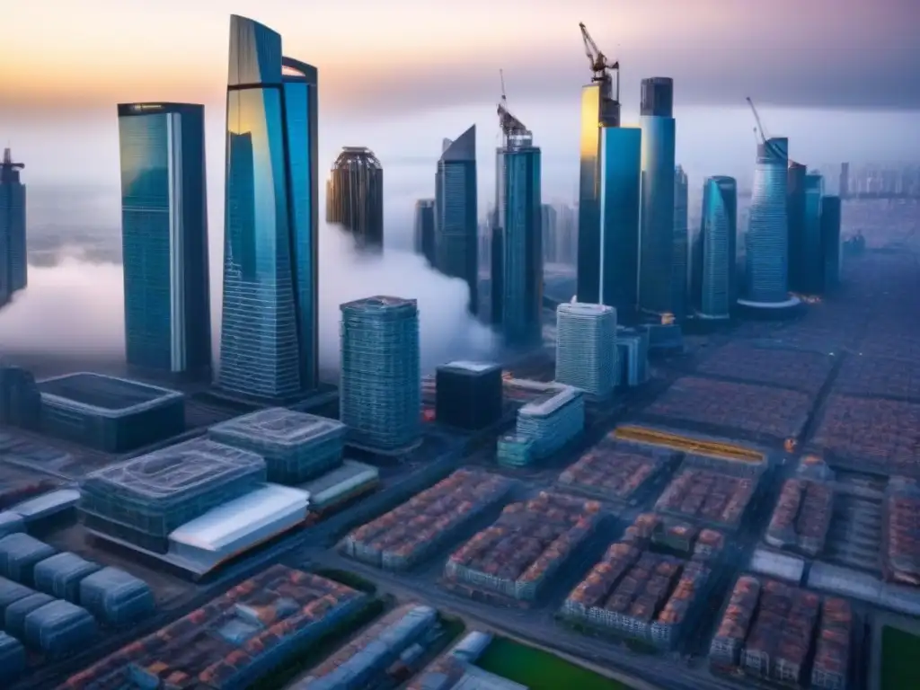 Metrópolis en crecimiento: Desarrollo urbano en economías emergentes Vista urbana dinámica de una ciudad emergente con rascacielos y obras en construcción, simbolizando el Ciclo Inmobiliario Economías Emergentes
