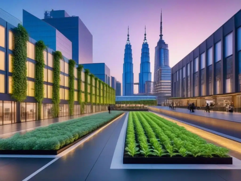 Cityscape sostenible: edificios ecoamigables y energía renovable Vista urbana al anochecer con edificios iluminados y tecnología energética