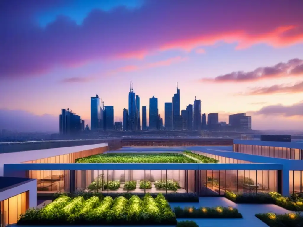 Metrópolis futurista sostenible al atardecer Vista urbana futurista al anochecer con edificios inteligentes sostenibles y IA, iluminados por energía renovable