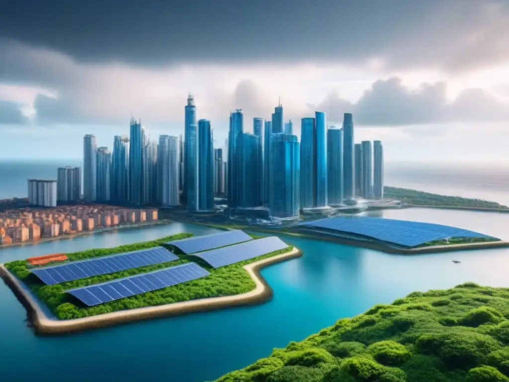 Horizonte costero futurista: arquitectura resiliente y verde Vista urbana futurista, resistente al impacto del riesgo climático, con tecnología verde innovadora y exuberante vegetación